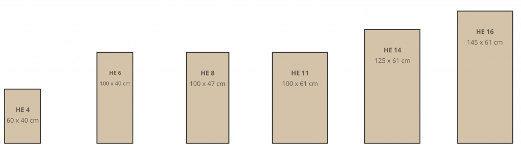 Skizze der Infrarot Natursteinheizung in sechs verschiedenen Größen (HE-Modelle), dargestellt in einem warmen Beigeton.