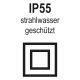 Logo für IP55-Zertifizierung, das den Schutz vor Staub und Strahlwasser symbolisiert.